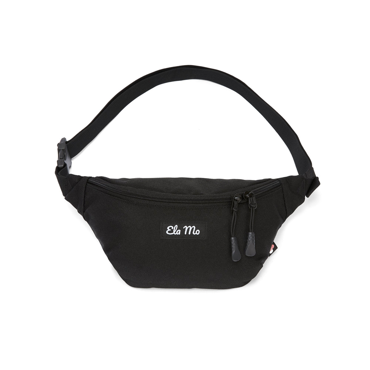 Ela Mo™ Hipbag | Black. Schwarzer Hipbag mit zweifachem Reißverschluss und Umhängegurt.