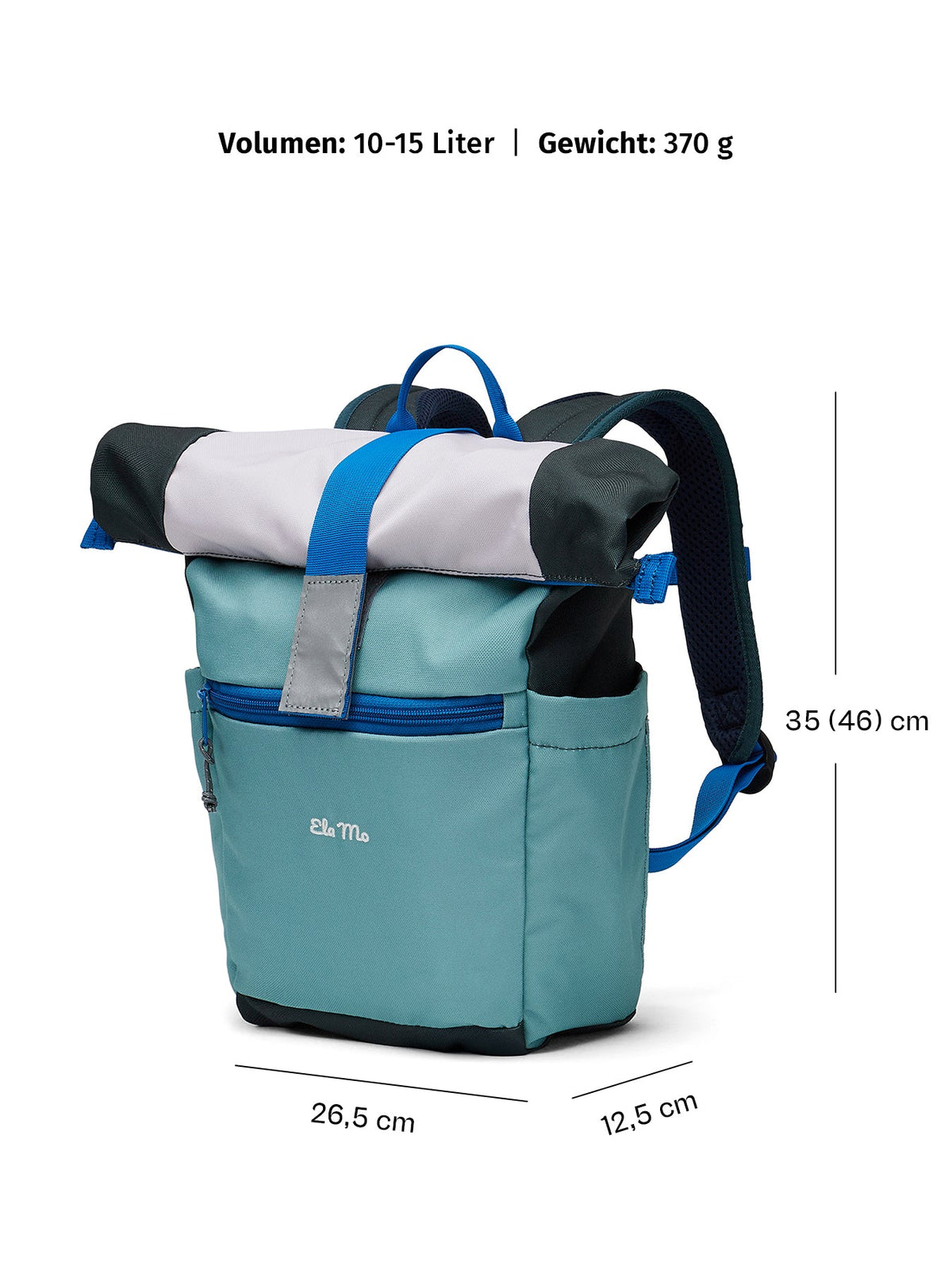 Ela Mo™ Kinderrucksack (6-10 Jahre) | Blue Mint. Ein blauer Rucksack mit Maßangaben auf weißem Hintergrund.
