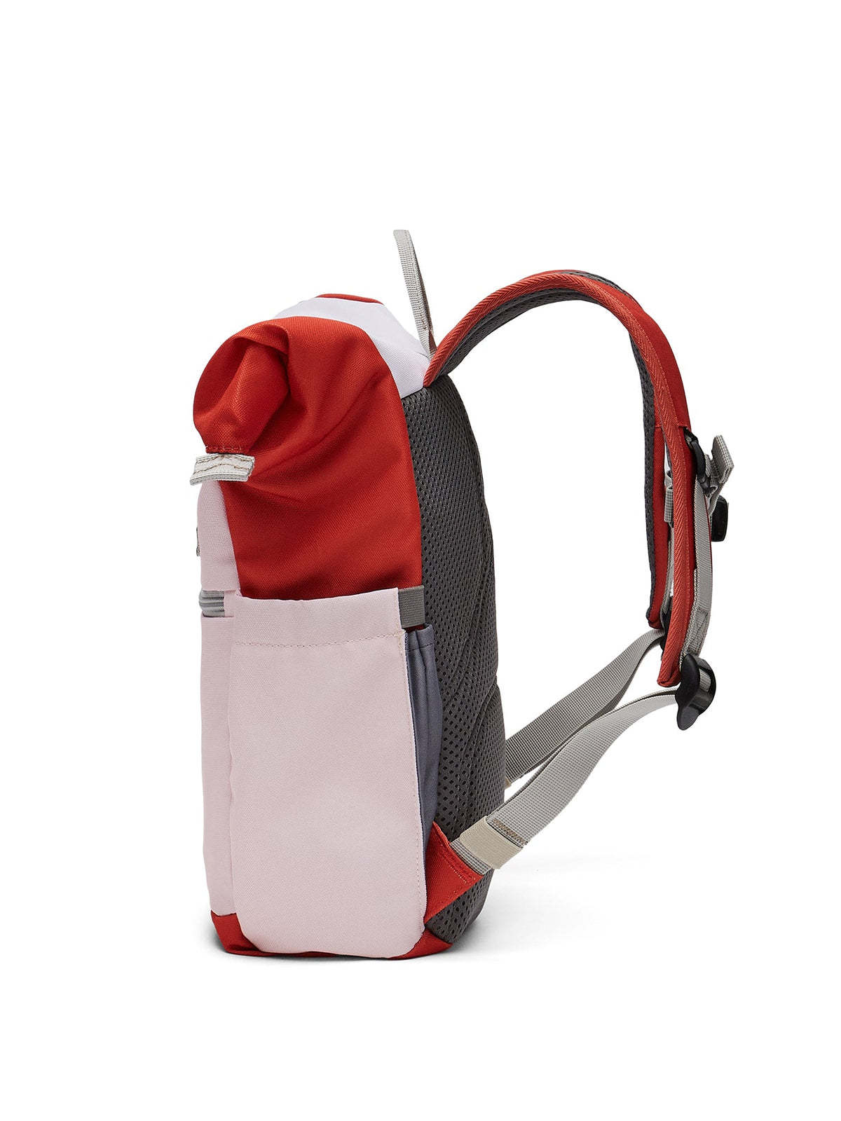 Ela Mo™ Kinderrucksack (6-10 Jahre) | Cotton Candy. Ansicht des rosafarbenen Rucksacks von der Seite mit Schulterriemen.
