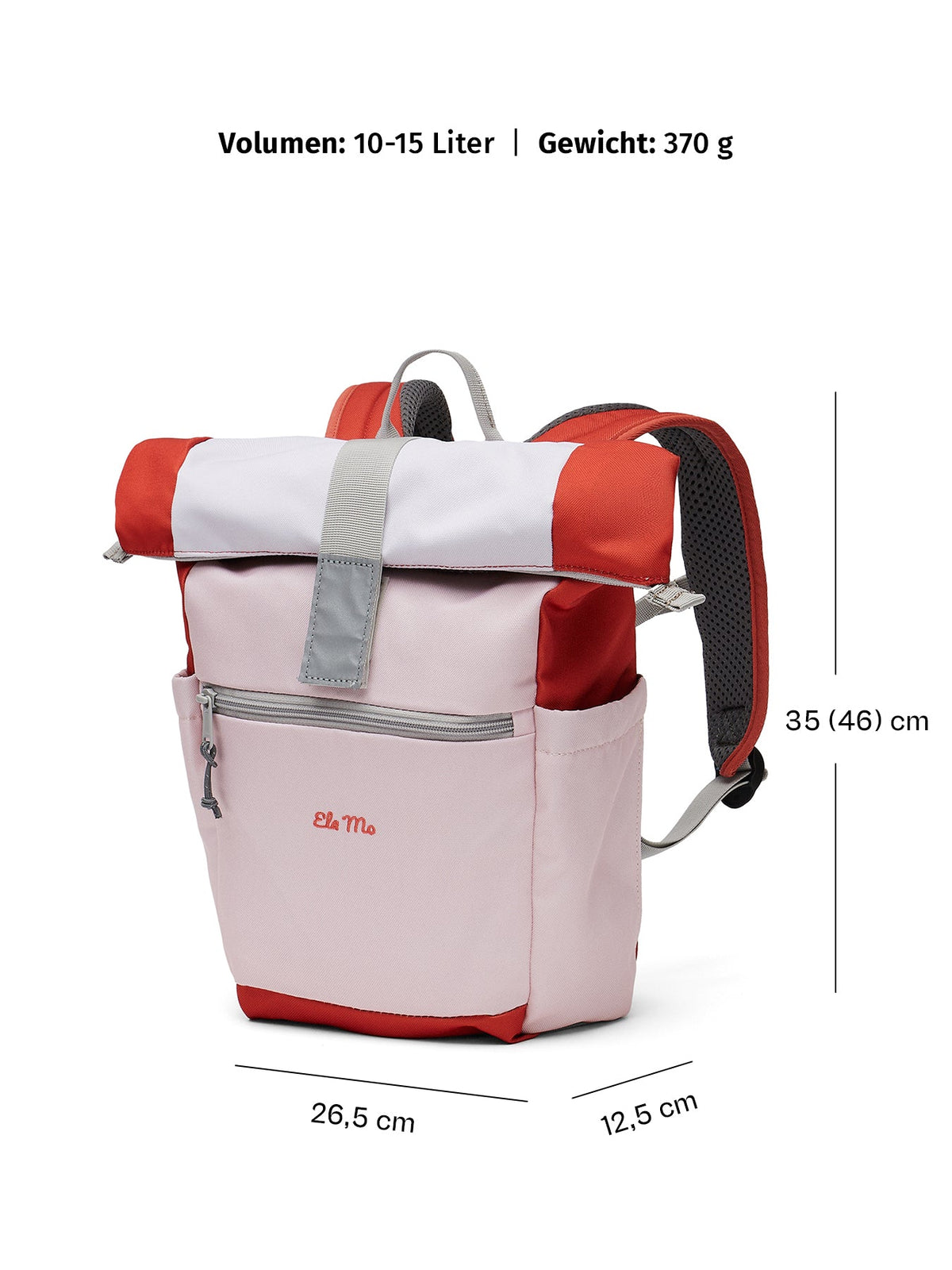 Ela Mo™ Kinderrucksack (6-10 Jahre) | Cotton Candy. Rosa-farbener Rucksack mit Maßangaben auf weißem Hintergrund.