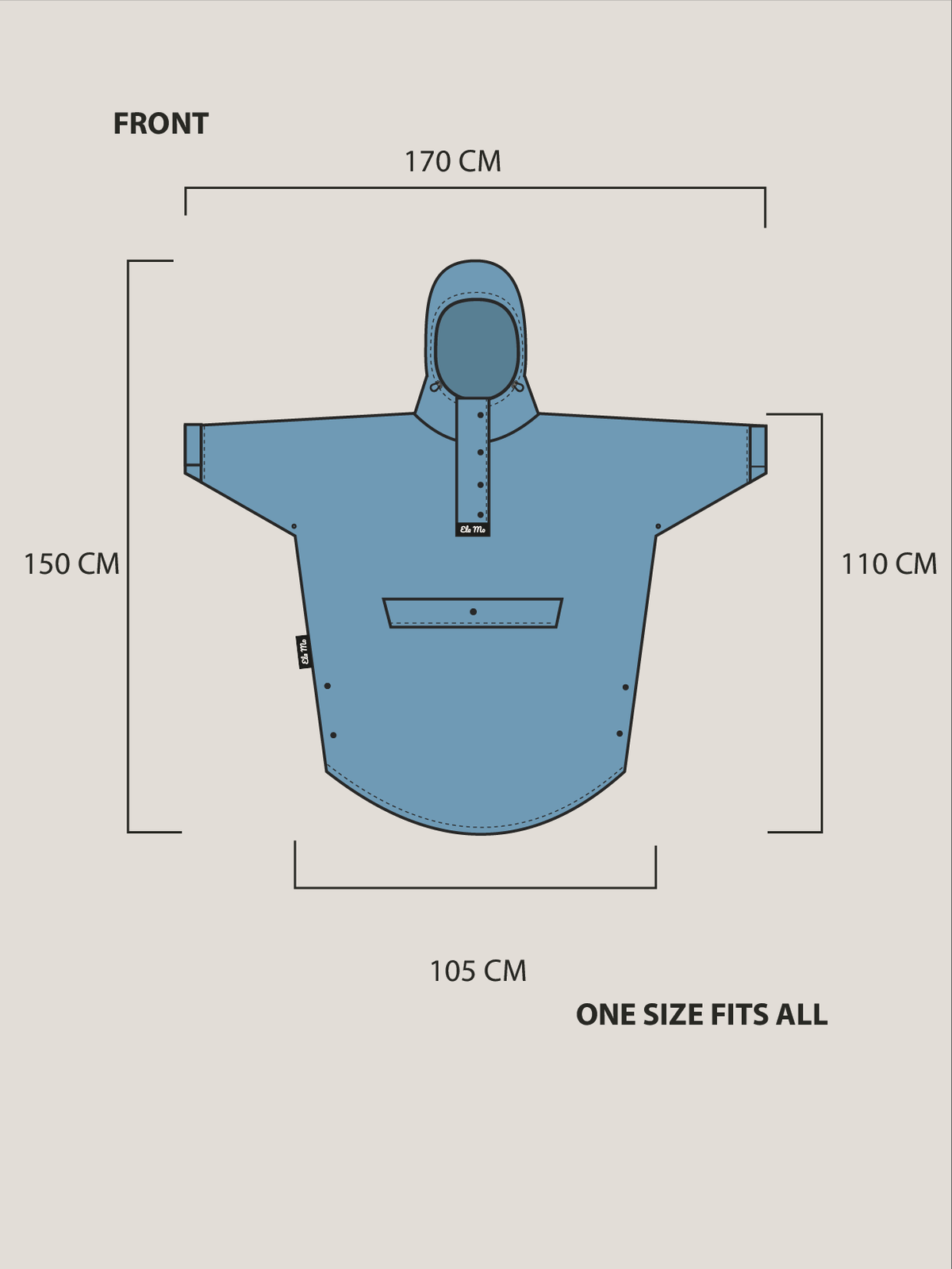 Ela Mo™ Regenponcho | Navy. Ein Regenponcho mit Maßangaben.