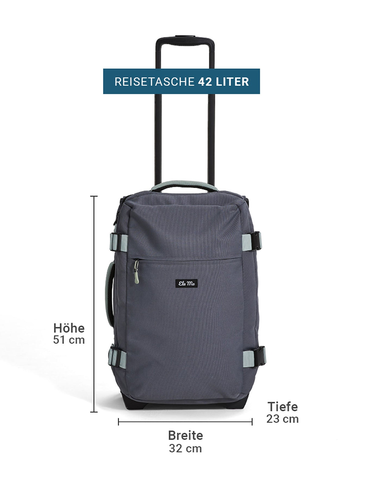 Ela Mo™ Reisetasche mit Rollen 42 Liter | Darkgrey Mint. Reisetasche mit Maßangaben auf weißem Hintergrund.
