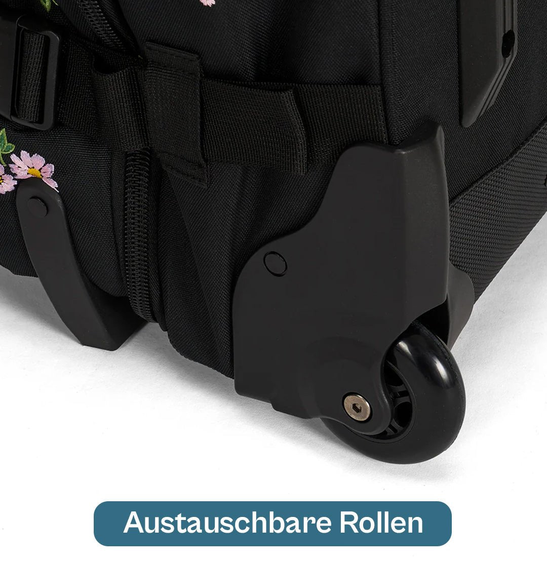 Ela Mo™ Reisetasche mit Rollen, 78 Liter, schwarz | Mit austauschbaren Rollen auf weißem Hintergrund