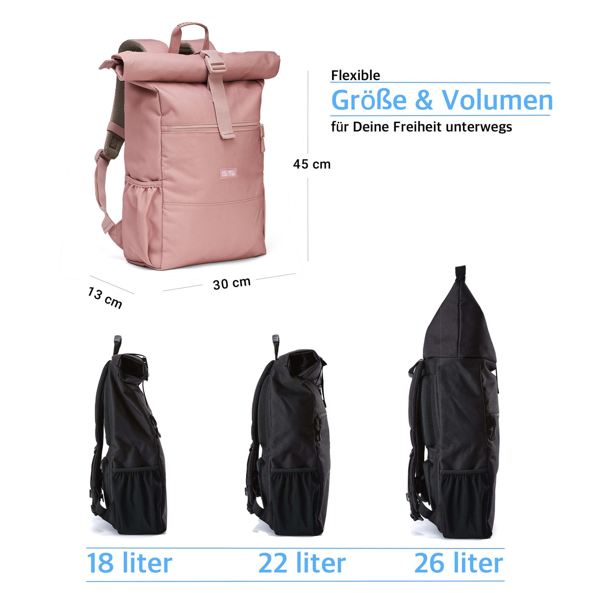 Ela Mo™ Rolltop Rucksack | Pastel Rose. Der Rucksack mit Maßangaben und der Option zur Vergrößerung.