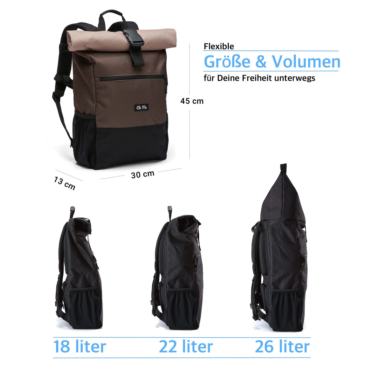 Ela Mo™ Rolltop Rucksack | Sand and Olive. Rucksack mit Maßangaben und drei Möglichkeiten zur Volumenerweiterung.