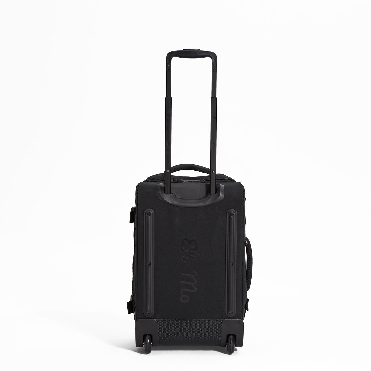 Ela Mo™ Reisetasche mit Rollen 42 Liter | Black. Die Rückseite der Reisetasche mit Rollen und Herstellerlogo in der Mitte.