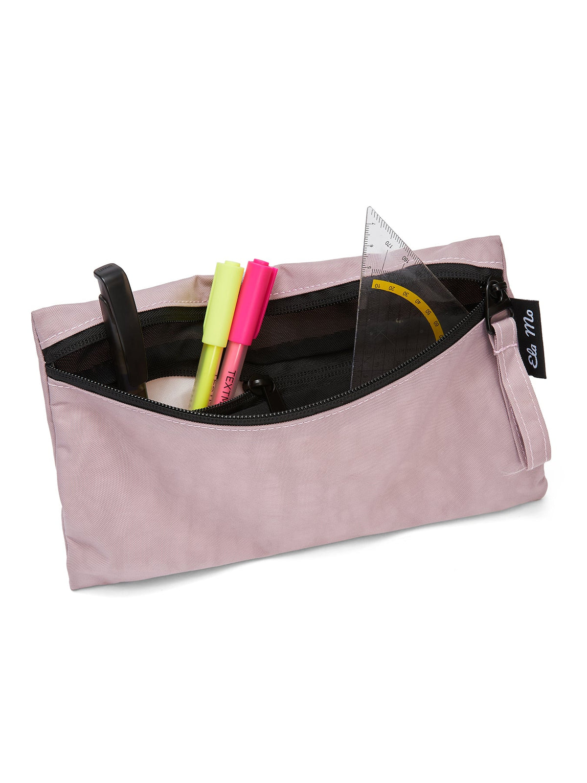 Ela Mo™ Stiftetasche | Lavender. Die Stifttasche geöffnet, mit verschiedenen Stiften und einem Lineal darin.