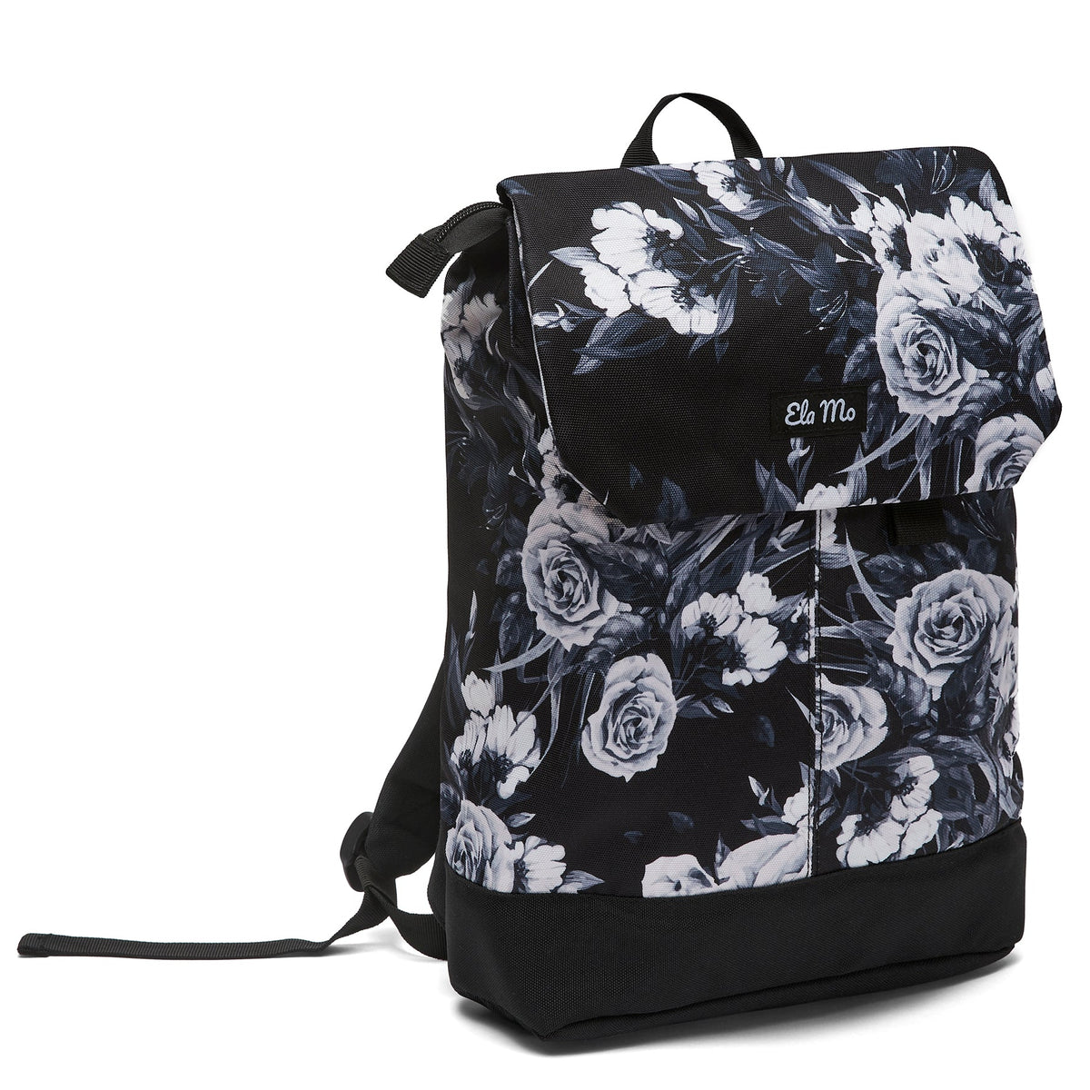 Ela Mo™ Daypack Rucksack | Nightrose. Seitliche Ansicht des Rucksacks mit Herstellerlogo auf weißem Hintergrund.