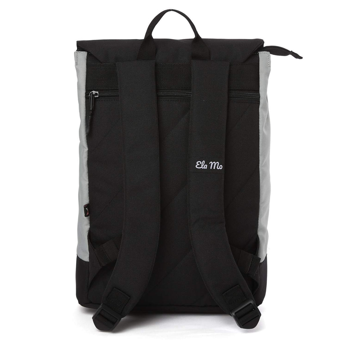 Ela Mo™ Daypack Rucksack | The Grey. Die Rückseite des Rucksacks mit bequemen Schulterriemen und kleinem Außenfach.