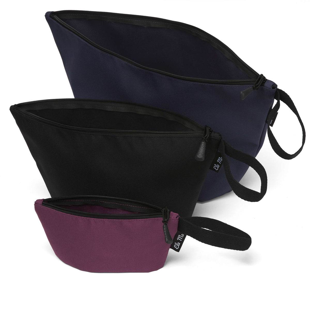 Ela Mo™ Taschen-Set für Rucksäcke | 3-teilig. rei geöffnete Taschen in verschiedenen Größen und Farben, innen schwarz.