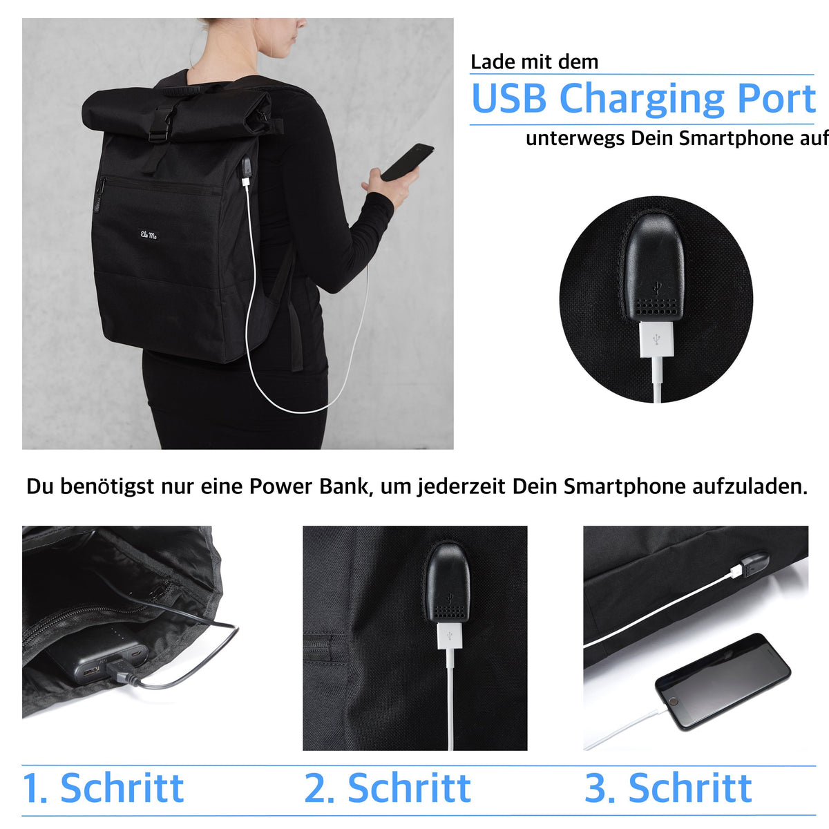 Ela Mo™ Rolltop Rucksack | Tropical Heat. Rucksack mit Ladekabel und Anleitung zum Aufladen.