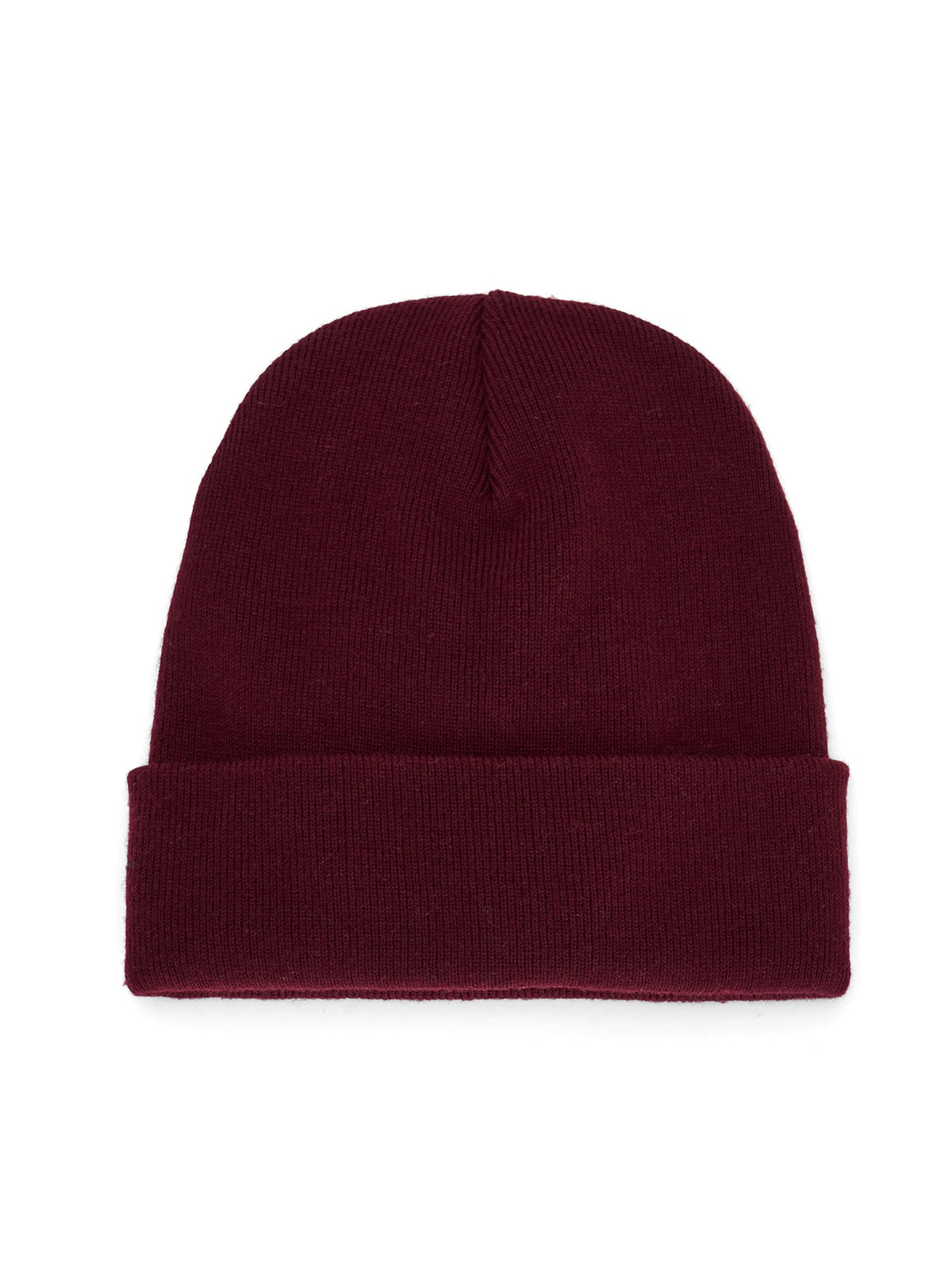Ela Mo™ Beanie | Burgund. Die Rückseite einer warmen Mütze in Burgunderrot mit Herstellerlogo auf weißem Hintergrund.
