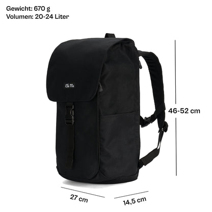 Ela Mo™ Everywhere Daypack | Black. Ein schwarzer Rucksack mit Maßangaben auf weißem Hintergrund.