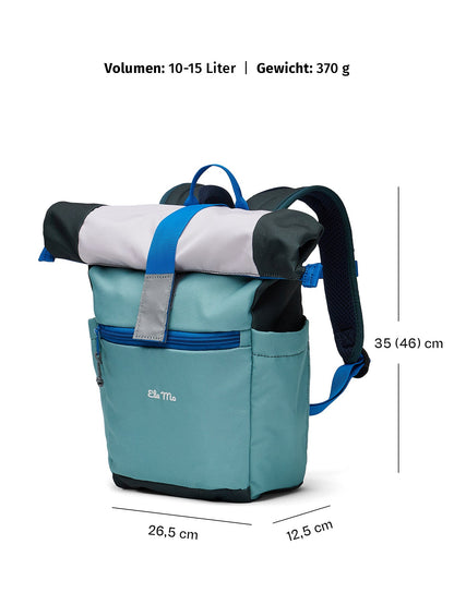 Ela Mo™ Kinderrucksack (6-10 Jahre) | Blue Mint. Ein blauer Rucksack mit Maßangaben auf weißem Hintergrund.