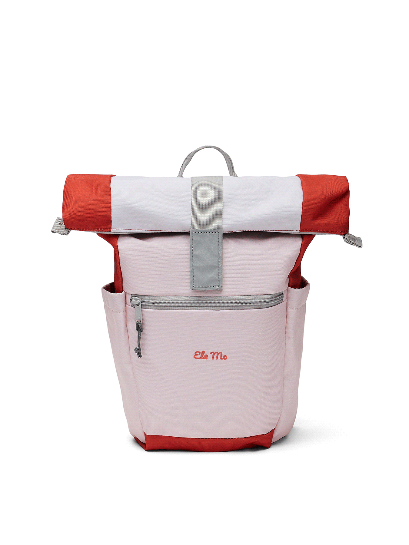 Ela Mo™ Kinderrucksack (6-10 Jahre) | Cotton Candy. Öffnungshinweise zum rosafarbenen Rucksack auf weißem Hintergrund.