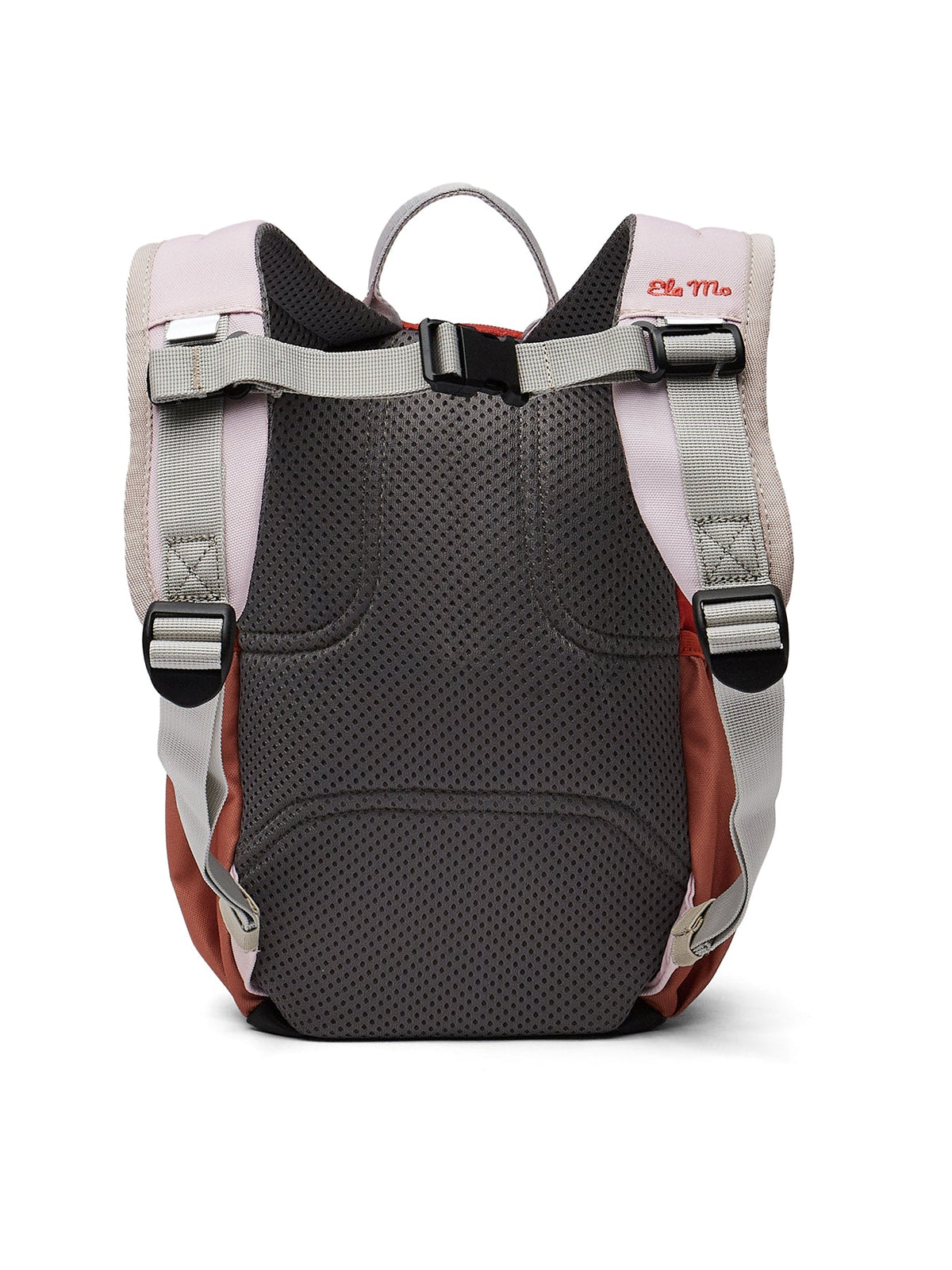 Ela Mo™ Kinderrucksack (3-6 Jahre) | Cotton Candy. Die dunkle Rückseite des rosafarbenen Rucksacks mit Schulterriemen.
