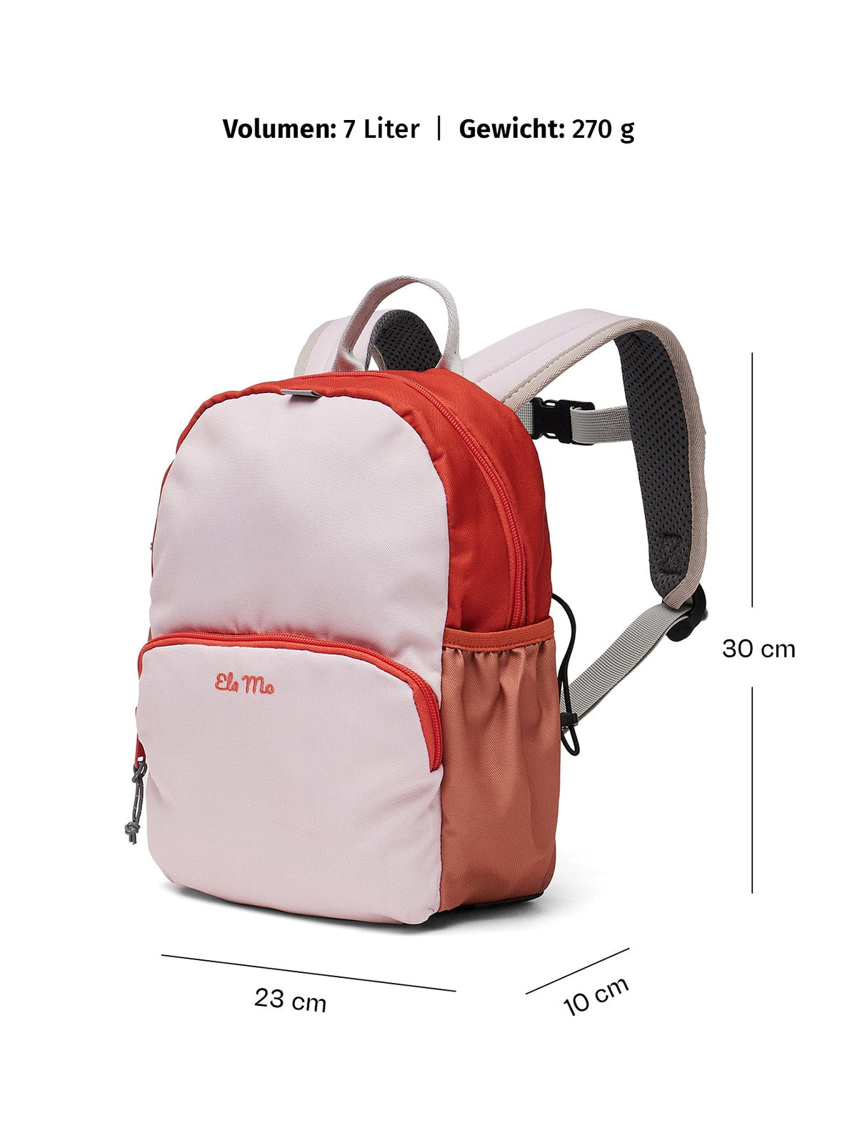 Ela Mo™ Kinderrucksack (3-6 Jahre) | Cotton Candy. Der Rucksack in Rosafarben mit Maßangaben auf weißem Hintergrund.