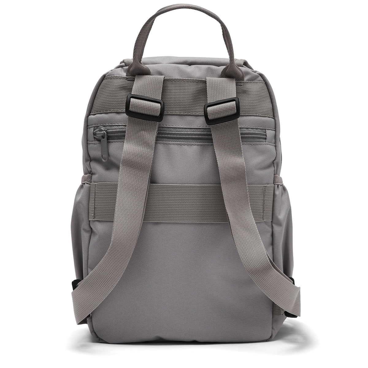 Ela Mo™ Mini Rucksack | Warm Grey. Rückseite des Rucksacks mit Schulterriemen und kleinem Außenfach auf weißem Hintergrund.