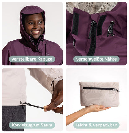 Ela Mo™ Regenjacke | Grape. Leicht verpackbare Regenjacke mit Kapuze, verschweißten Nähten und Kordelzug am Saum.