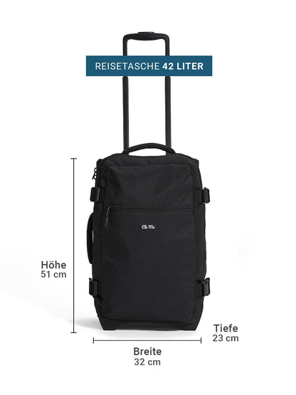 Ela Mo™ Reisetasche 42 Liter mit hochgezogenem Griff, schwarz | Auf weißem Hintergrund.