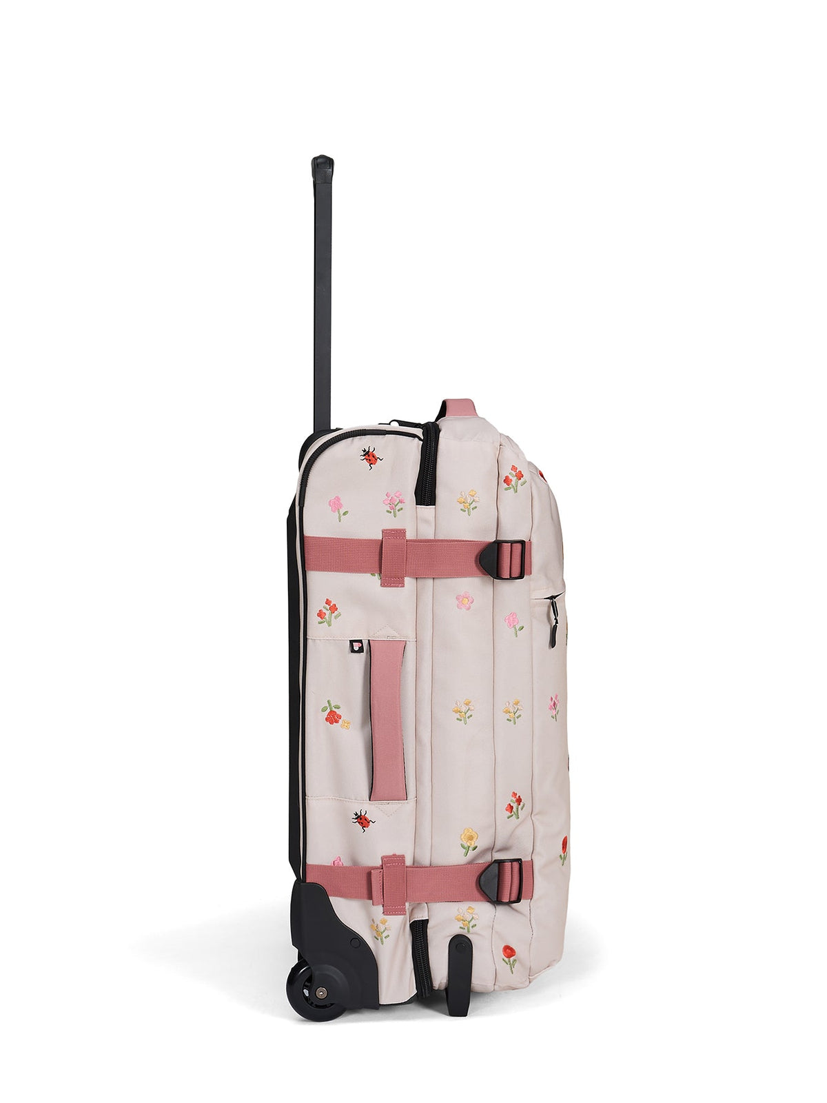Ela Mo™ Reisetasche mit Rollen 42 Liter | Embroidery Edition Losy.Seitenansicht der geblümten Tasche mit hochgezogenem Griff