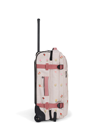 Ela Mo™ Reisetasche mit Rollen 42 Liter | Embroidery Edition Losy.Seitenansicht der geblümten Tasche mit hochgezogenem Griff