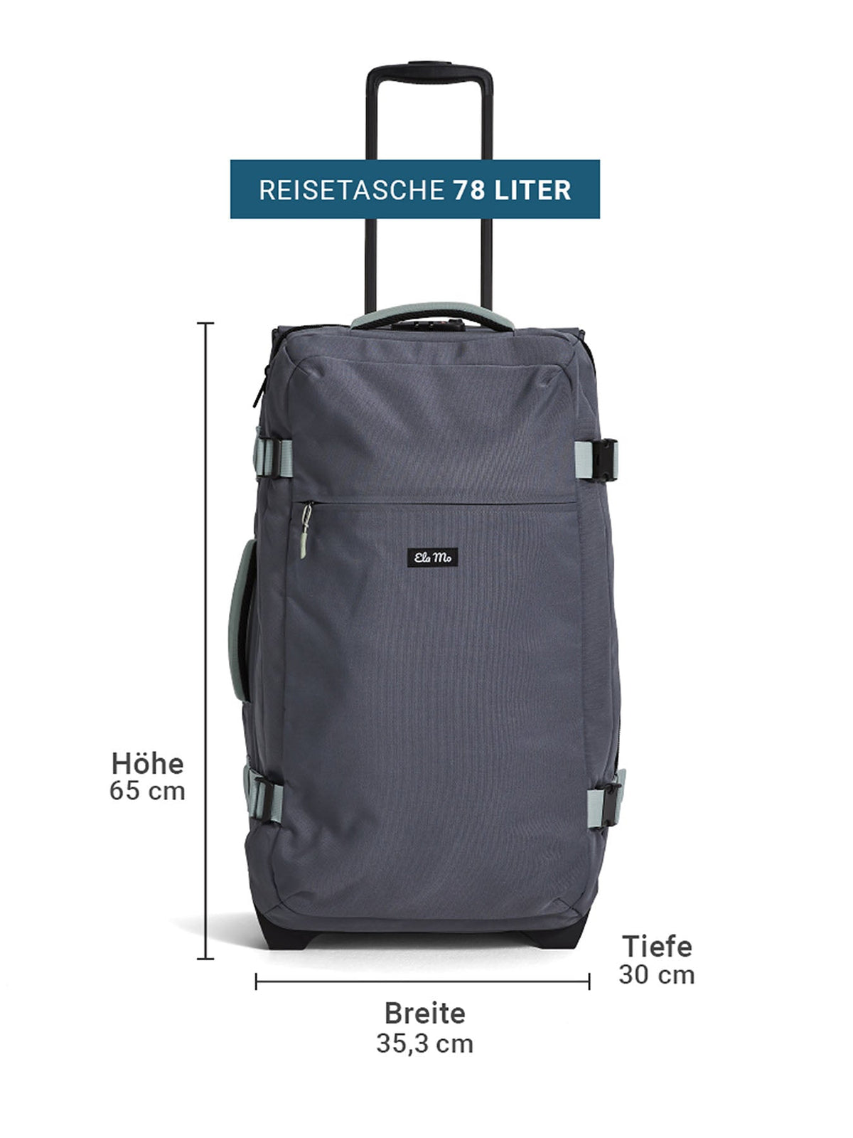 Ela Mo™ Reisetasche mit Rollen 78 Liter | Darkgrey Mint. Reisetasche mit Maßangaben auf weißem Hintergrund.