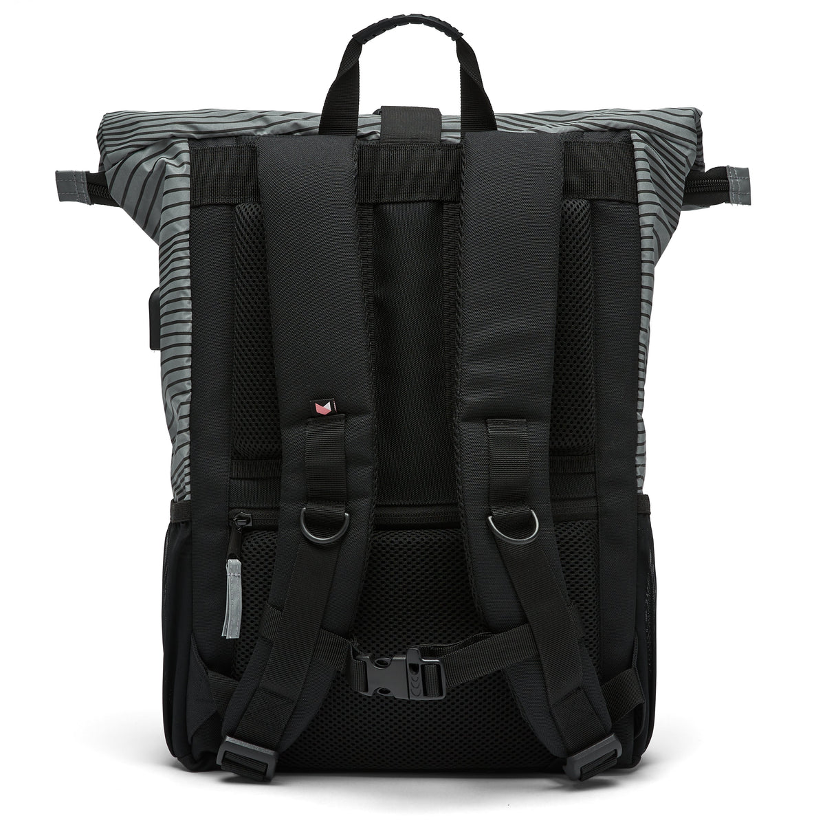 Ela Mo™ Rolltop Rucksack Night Edition | Wave. Die Rückseite des Rucksacks mit Schulterriemen und Außenfach.