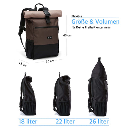 Ela Mo™ Rolltop Rucksack | Sand and Olive. Rucksack mit Maßangaben und drei Möglichkeiten zur Volumenerweiterung.