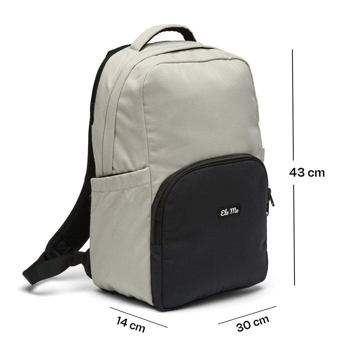 Ela Mo™ Schulrucksack | Desert. Ein grauer Schulrucksack mit Maßangaben.