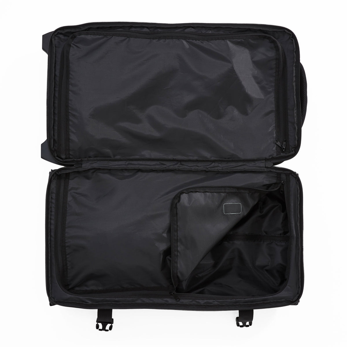 Ela Mo™ Reisetasche mit Rollen 78 Liter | Darkgrey Mint. Geöffnete Reisetasche mit sichtbarem Innenbereich und Innenfächern.