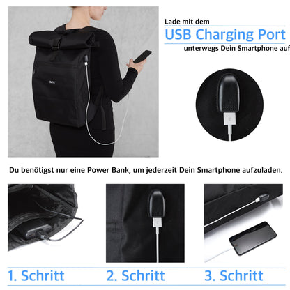 Ela Mo™ Rolltop Rucksack | Bloom! Rucksack mit Ladekabel und Anleitung zum Aufladen.