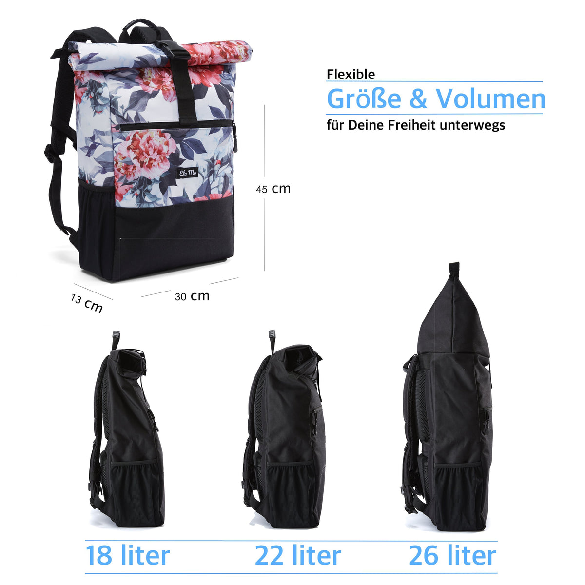 Ela Mo™ Rolltop Rucksack | Bloom! Rucksack mit drei Möglichkeiten zur Volumenerweiterung auf weißem Hintergrund.