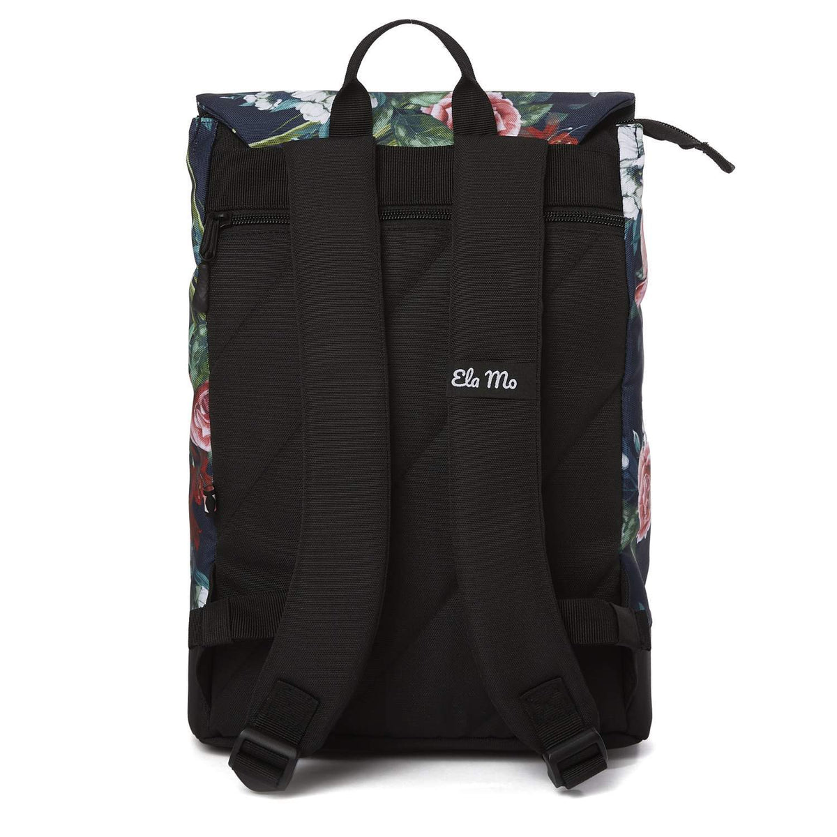 Ela Mo™ Daypack Rucksack | A Rose. Die Rückseite des Rucksacks mit bequemen Schulterriemen und kleinem Außenfach.
