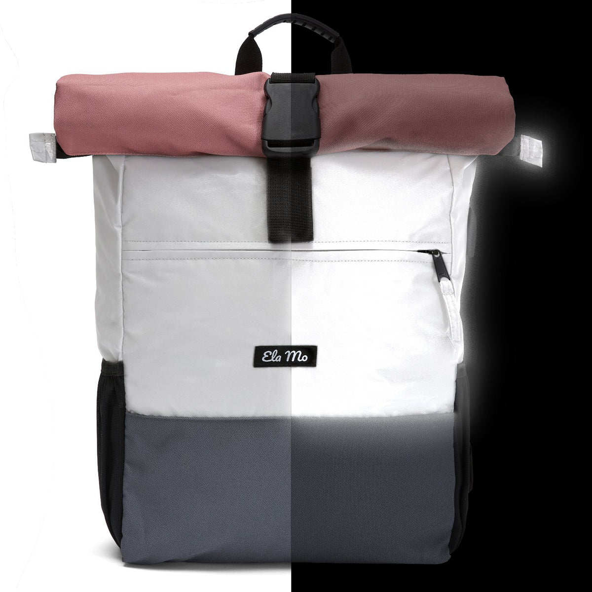 Ela Mo™ Rolltop Rucksack Night Edition | Peach. Reflektiver Rucksack mit floralem Muster und Vorderfach mit Reißverschluss.