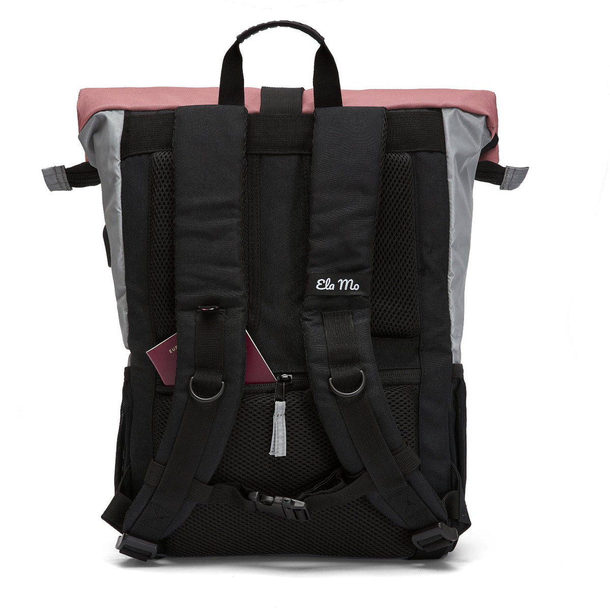Ela Mo™ Rolltop Rucksack Night Edition | Peach. Die Rückseite des Rucksacks mit Schulterriemen und kleinem Außenfach.